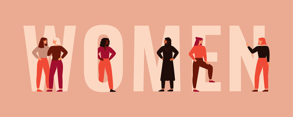 Text WOMEN mit Figuren von Frauen im Vordergrund